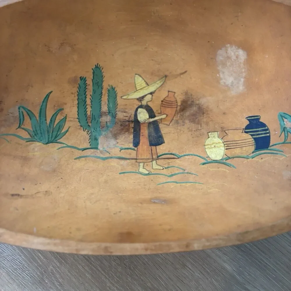 ⁠1930s VTG HandPainted Wood DoughBowl Mexican Southwestern Cactus 17